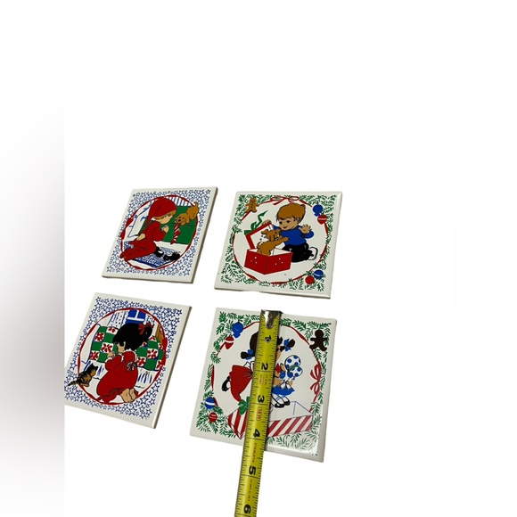 2 Vintage Sets (4) Ceramic Tile Trivets Night Before Christmas Christmas Morning - Picture 2 of 4